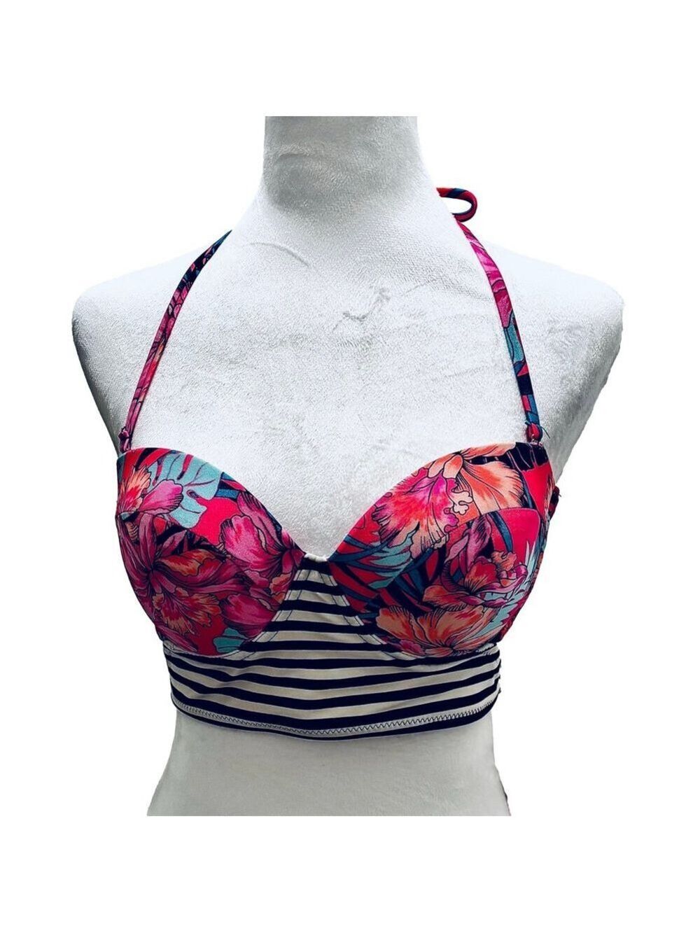 New Xhilaration Floral Striped Push-Up Bikini Top M Pink Black White Teal - Picture 2 of 12
